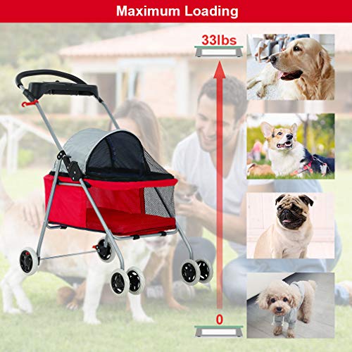 Foldable Pet Stroller for Small (Red)