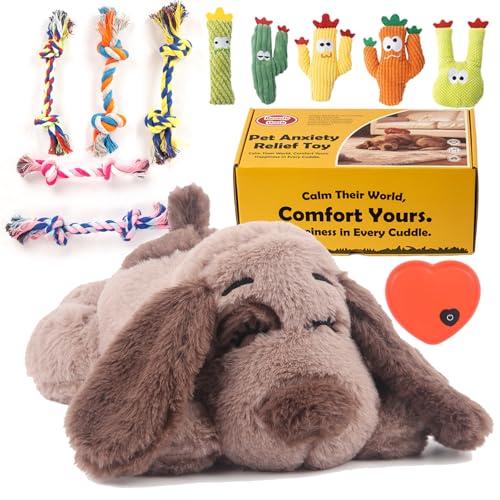 Heartbeat Puppy Toy Dog Anxiety Relief Calming Aid Heartbeat Stuffed Animal Behavioral Training and Sleep Aid Comfort Dog Toy Crate Training Heartbeat Dog Toy for Small Medium Large Dogs (Brown-D)