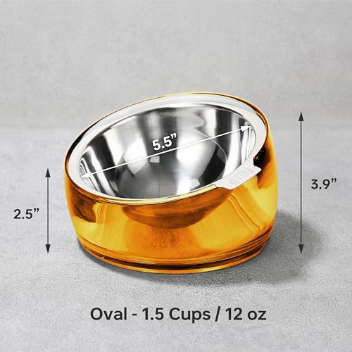 Pet Oblik Acrylic Raised Dog Food Water Bowl Stainless Steel Slanted Oval Dish for Short Leg Puppy & Small Medium Pet (Gold / 1.5 Cups Oval Dish)