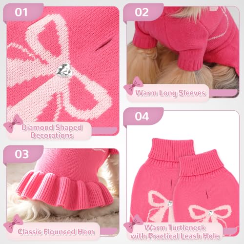 Bowknot Dog Sweater Dress for Small Dogs Girl (Large (14-21lbs) / Rose Pink)
