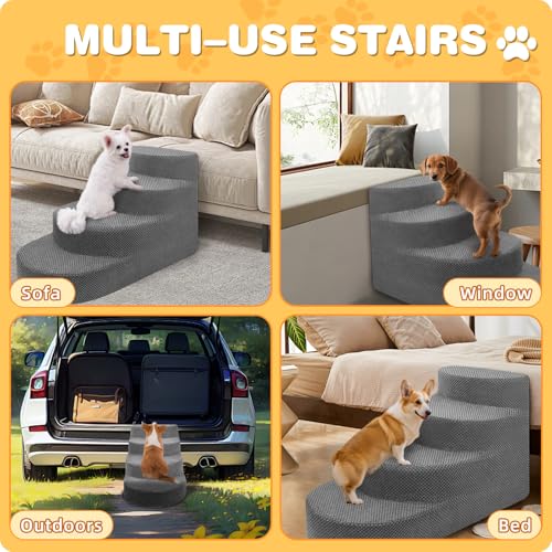 Dog Stairs 4 Steps Foam Pet Ramp for Small Dogs Cats (Gray-4-Step)