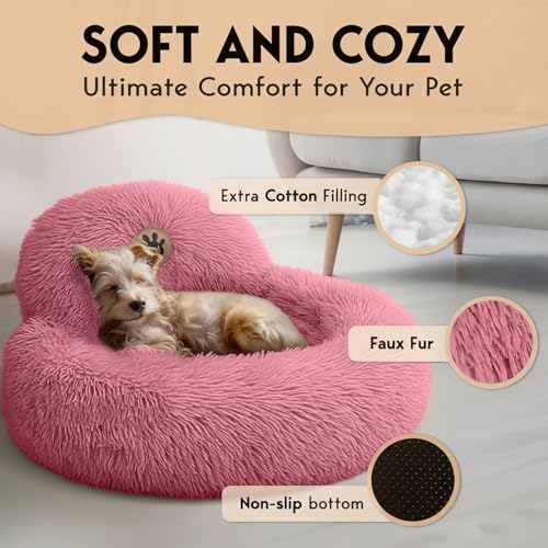 PetJett Calming Dog Bed for Small Dogs (Pink / Small - 23”L x 23”W x 8”Th)