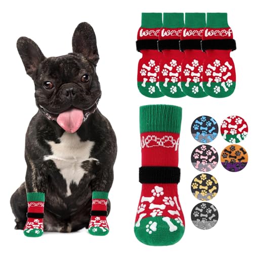 Anti Slip Dog Socks for Hot (Red&green With Woof / Medium (4 Pack))