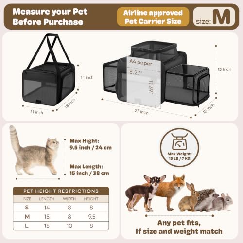 Top and 2 Sides Expandable Cat Carrier 18x11x11 TSA Airline Approved (Black / 18.0"L x 11.0"W x 11.0"H)