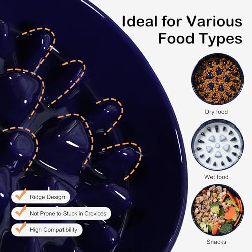 Ceramic Slow Feeder Dog Bowls for Medium Large Breed (Large-9.5 inches / Blue)