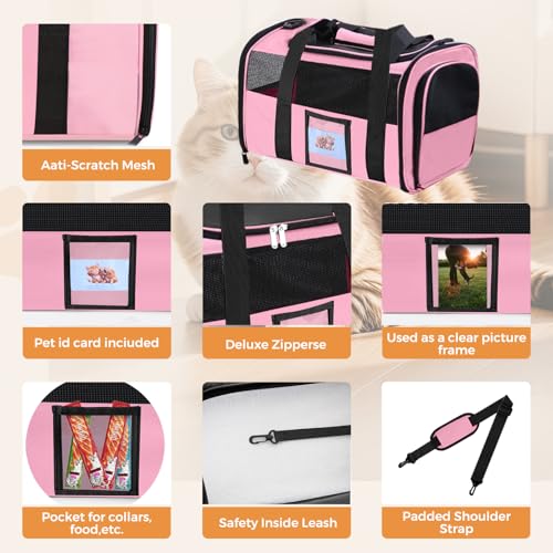Cat Carrier Soft with Detachable Food Bowl (Pink / 17.0"L x 12.0"W x 11.0"H)