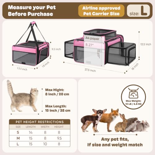 Top and 2 Sides Expandable Cat Carrier 18x13.5x9.5 TSA Airline Approved (Pink / 18.0"L x 13.5"W x 9.5"H)