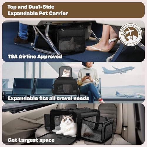 Top and 2 Sides Expandable Cat Carrier 18x13.5x9.5 TSA Airline Approved (Black / 18.0"L x 13.5"W x 9.5"H)