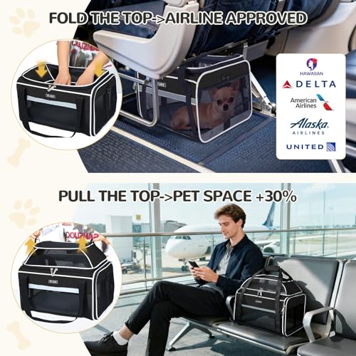 Top Expandable Pet Carrier 17x11x9.5 Inch Alaska Hawaiian Airline Approved Soft Sided Underseat to 12lbs Travel Carriers for Small Dogs and Cats with Locking Safety Zippers Anti (Black)