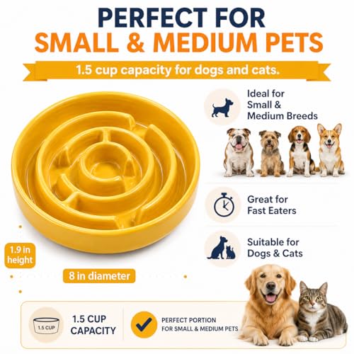 Ceramic Slow Feeder Dog Bowl (Yellow)