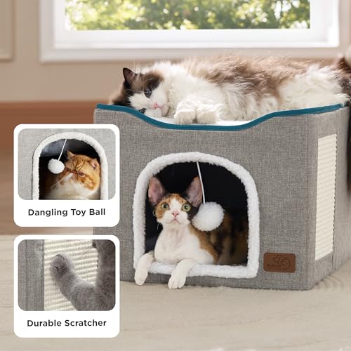 Cat House Bed for Indoor Cats with Fluffy Ball and Scratch Pad (Grey / Single)