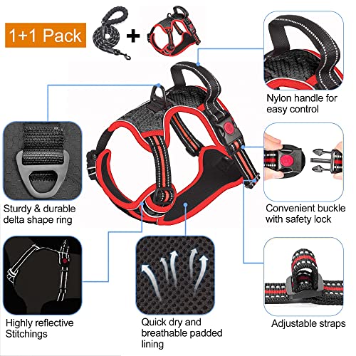 No Pull Dog Harness Adjustable Reflective Oxford Easy Control Medium Large Dog Harness with A Free Heavy Duty 5ft Dog Leash (Black/Red / Large)