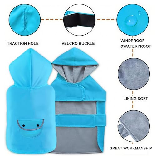 Dog Raincoat Dogs Rain Jacket Reflective Poncho Rainwear Waterproof Pet Clothes Breathable Lined Pocket Hooded Leash Hole Adjustable for Puppy Small Dogs (Blue / M:Back Length 10.5")