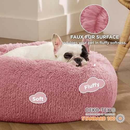 Calming Small Dog Bed Donut Washable Cat＆Puppy Bed (23"L x 23"W x 8"Th / Mauve Blush)