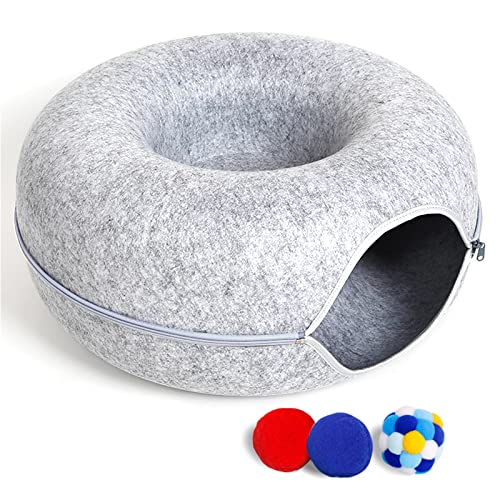 Large Cat Tunnel Bed for Indoor Cats with 3 Toys (L(24x24x11) / Light Grey)