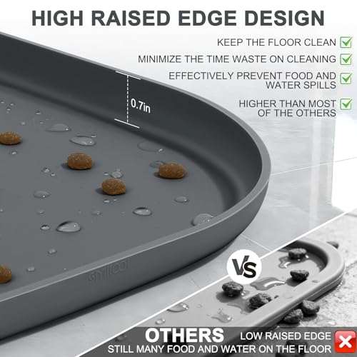 Waterproof Silicone Pet Food Mat with Raised Edge for Dog & Cat (19"L x 12"W / Dark Gray)