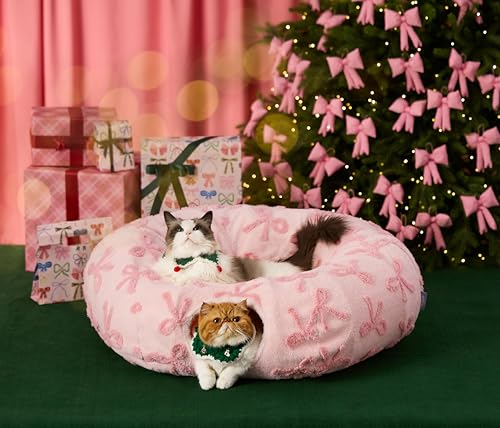 Lesure Donut Cute Jacquard Cat Tunnel Bed Kitten Toys for Puppy Bunny (Standard (33.5"L x 33.5"W x 10"H) / Bow Pink Taffy)