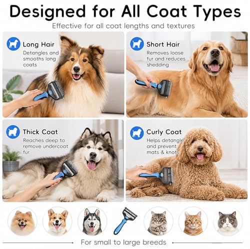 3-in-1 Professional Pet Grooming Brush for Dogs & Cats – Dematting Comb, Undercoat Rake & Deshedding Tool for Long & Short Hair, Heavy Shedding & Matted Fur (Blue) (Blue)