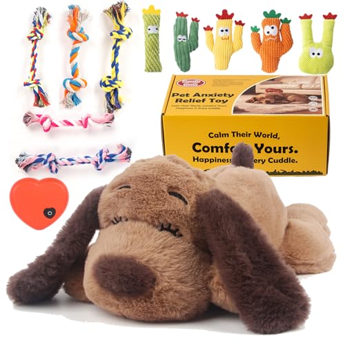 Puppy Heartbeat Toy Dog Anxiety Relief Sleep Calming Aid Heartbeat Stuffed Animal Behavioral Crate Kennel Training Heartbeat Plush Toy for Small (Brown-C)