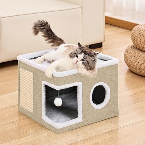 Large Cat Houses for Indoor Cats with Fluffy Ball and Scratch Pad (SingleAK / Large)