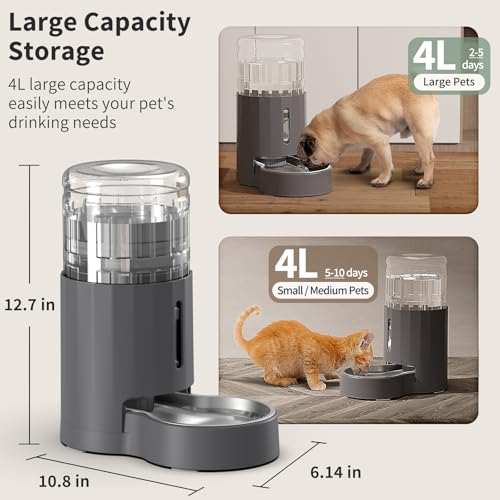 Cat Water Dispenser and Stainless Steel Bowl (Grey / 4L Base)