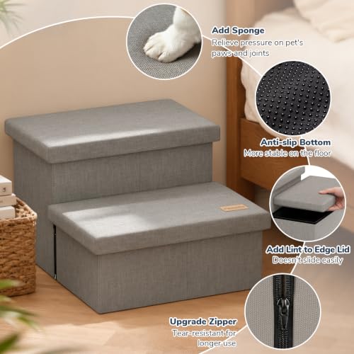 2 Step Wide Dog Stairs with Storage 11" H (Light Grey / 20"D x 13"W x 11"H)
