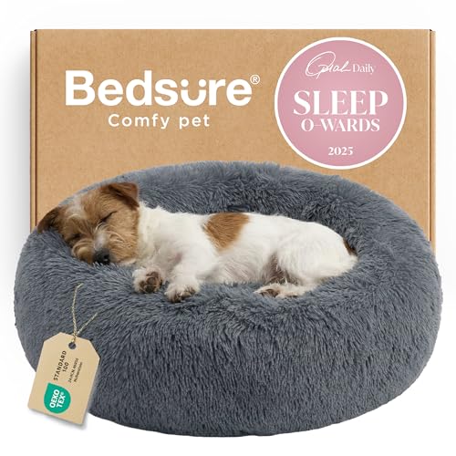 Calming Small Medium Dog Bed Donut Washable Puppy Bed (27"L x 27"W x 8"Th / Dark Grey)