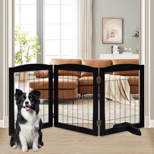 3 Panel Freestanding Wooden Dog Gate (30"Height-3 Panel / Black)