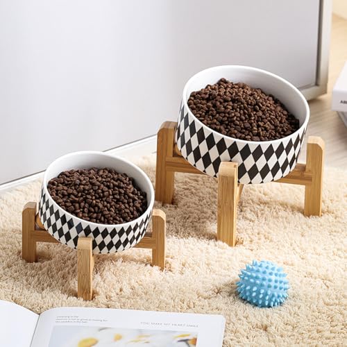Raised Elevated 15°Slanted Ceramic Dog Bowl for Small Breeds (Black Rhombus / 1.7 CUPS - Puppy/Small Dogs & Cat Bowls)