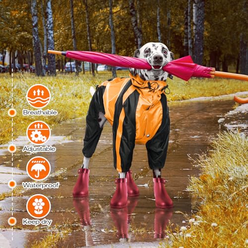 Dog Raincoat 4 Leg Waterproof Dog Rain Jacket with Hood (Orange / X-Large)