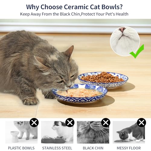 6 Inch Ceramic Cat Bowls (6 Inch, Set of 6 / Vintage Blue)