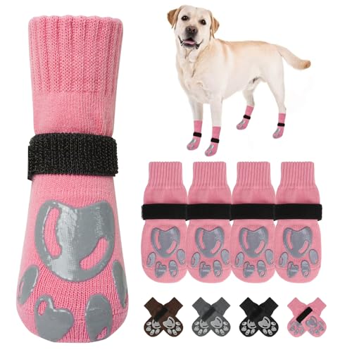 Dog Socks to Prevent Licking Paws Double Sided Grip Traction (Pink(Paw) / XL(3.1"-3.5" W | Pack of 4))