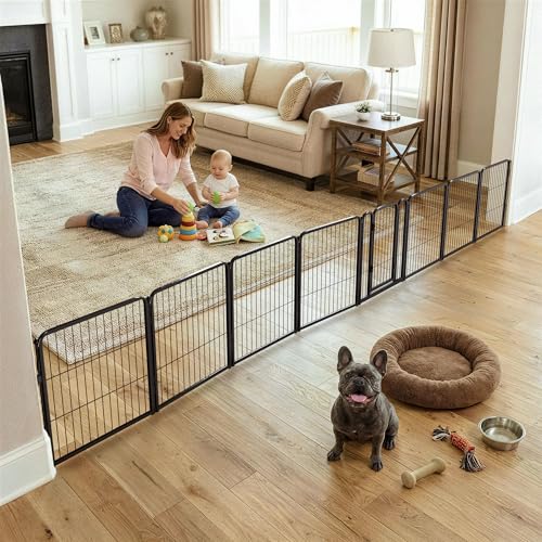 Dog Gate Extra Wide Adjustable for Openings Up to 183" (Black / Up to 183" W【7 Panels + 1 Door】 / 24"H)