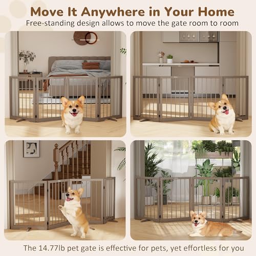 Free Standing Dog Gate Indoor (Brown / 4-Panel, 24"Tall)