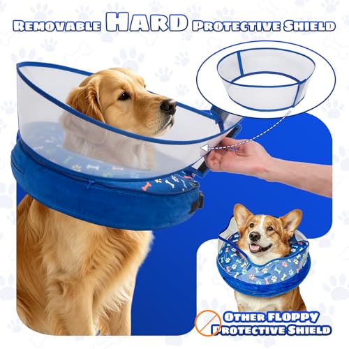 2-in-1 Inflatable Dog Cone Collar, Transparent Anti-Licking Shield with Detachable Soft Padding, Adjustable Elizabethan Collar for Small, Medium, Large Dogs and Cats (M) ((M）)
