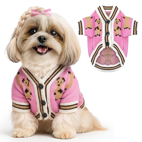 Small Dog Sweaters Cute Bear Dog Cardigans Clothes for Small Medium Dogs Boy Girl Puppy Cat Knitting Cardigan Outfits Dogs Winter Coats Warm Pet Doggy Clothes Soft Knitwear (Pink / X-Small)