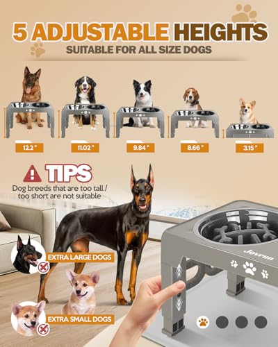 Elevated Dog Bowls for Medium Large Dogs with Mat (for Medium Large Dogs 1 Basic&1Slow Bowl with Mat / Light Borwn Grey)