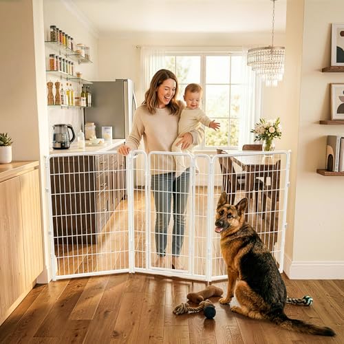 Dog Gate Extra Wide Adjustable for Openings Up to 83" (White / Up to 83" W【2 Panels + 1 Door】 / 45"H)