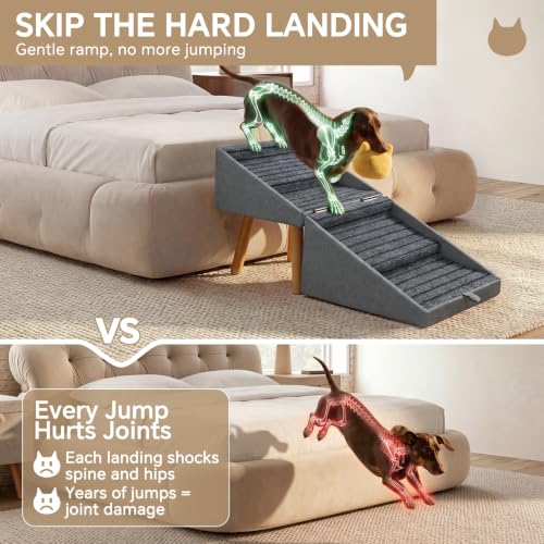 2-in-1 Wooden Pet Stairs & Ottoman 17" H Foldable Dog Ramp with Solid Wood Frame & Tech Cloth Surface Pet Footstool Steps with Non-Slip Surface for Puppy Senior Injured Dogs Couch Bed (Dark Gray / 16.1"L x 16.1"W x 17"H)