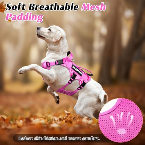 Escape Proof Dog Harness with Double Handle+4 Removable Patches (Medium / Camo Pink)