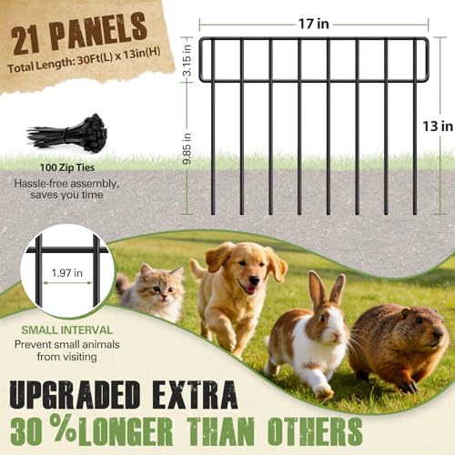 30Ft(L) X 13Inch(H) Animal Barrier Fence - 21 Pack Garden Fence Animal Barrier Garden Border, Rustproof Metal Fencing Panels, No Dig Fence Panels Defense for Dogs, Rabbits, Outdoor Patio (Black | 30 ft(L) X 13 in(H) ,21 pack / Black)
