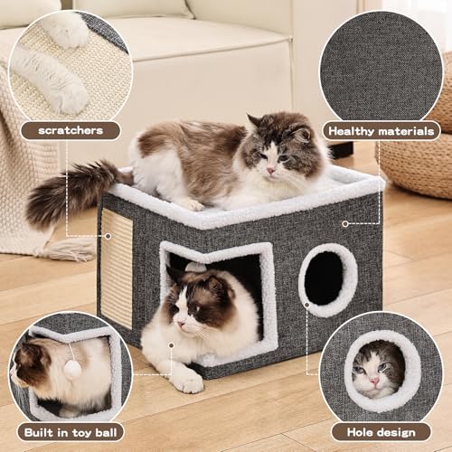 Large Cat Houses for Indoor Cats with Fluffy Ball and Scratch Pad (SingleA / Large)