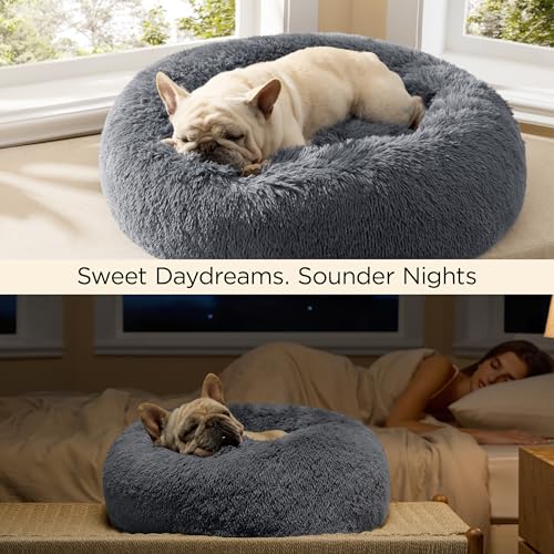 Calming Dog Bed Medium Large Size Dogs Washable Pet Bed (33"L x 33"W x 8"Th / Dark Grey)