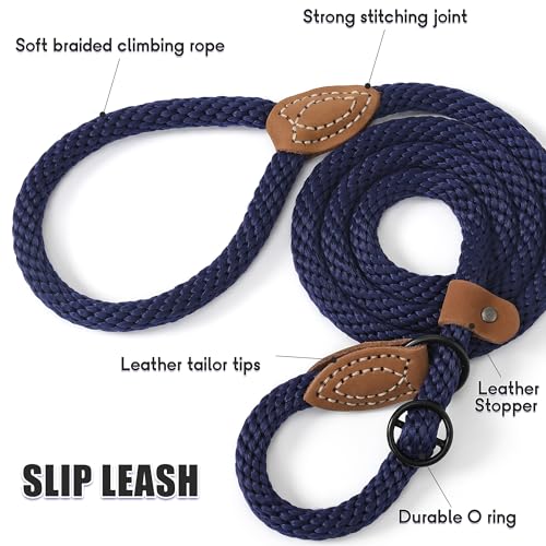 Heavy Duty Slip Lead No Pull Leash w Leather (Navy / 4 Feet)