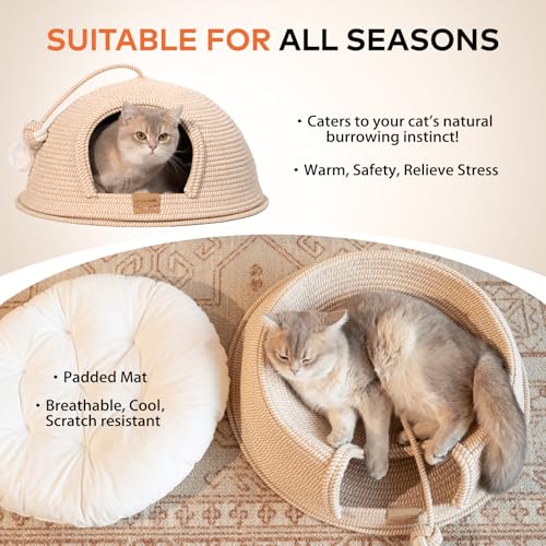 Cat Cave Bed with Washable Cushion and Ball (White)