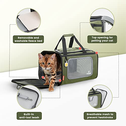 Cat Carrier Airline Approved Expandable Breathable Safety Leash (Grey and Olive Green)