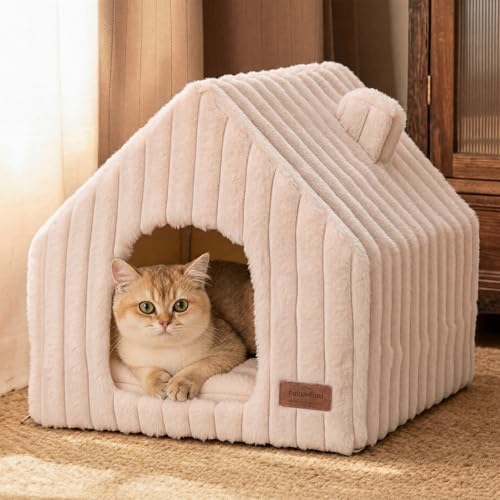 Cat Bed Cave Enclosed Washable Covered Dog Bed with Support Frame (Pink Beige / 17 Inch (Cats up to 15 lbs, Dogs up to 10 lbs))