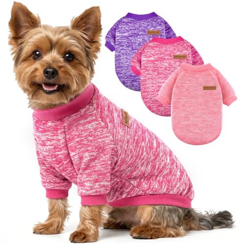3 Pack Dog Sweaters for Small Dogs Girl Boy Winter Fleece Clothes Warm Soft Dog Sweatshirt Outfit for Dogs Cats Pet Apparel (Pink+Rose+Purple / L (Back: 15.7", Chest: 19.6", 14-18 lbs))