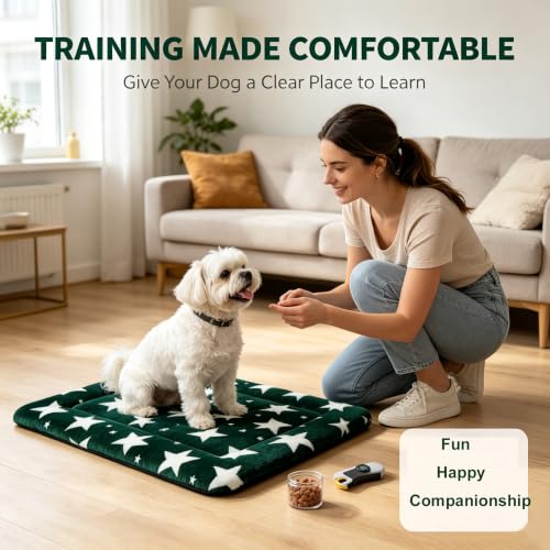 Dog Bed Mat Soft & Comfortable Dog Kennel Pad for Crate (S(24"*18"*1.5") / Big&Little Stars Green-1pc)