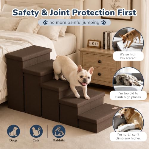 5 Step Wide Dog Stairs with Storage 23" H (Coffee / 50"D x 17"W x 23"H)